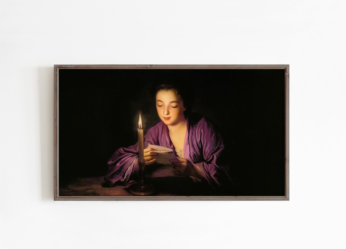 Candlelight Letter Woman Purple Robe Moody Vintage Painting Poster