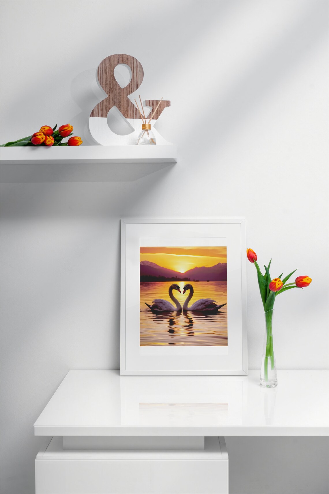Cute Swan Couple Poster, Sunset Love Lake Gift - Image 2