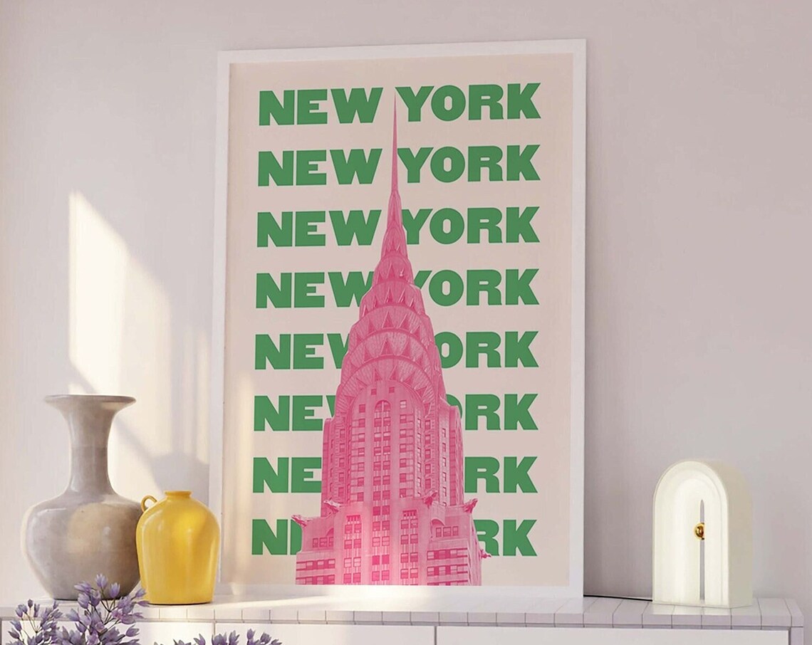 New York Chrysler Building Pink Green Retro Travel Text Poster - Image 6