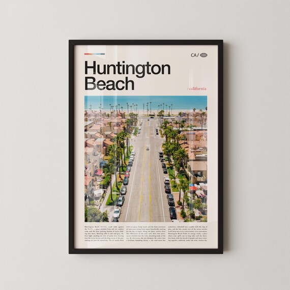Huntington Beach Palm Lined Street Aerial Daytime View Travel Poster