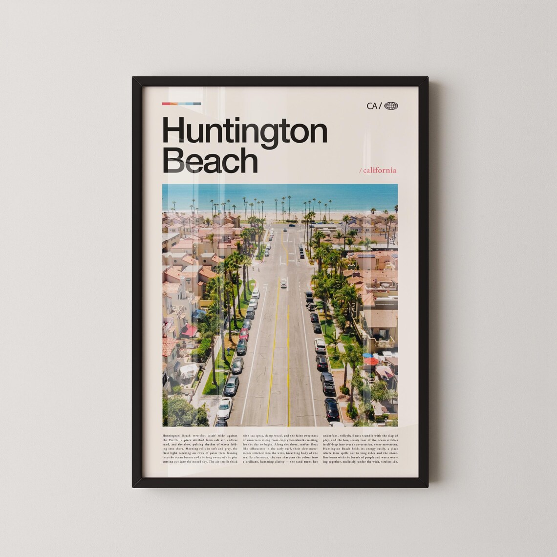 Huntington Beach Palm Lined Street Aerial Daytime View Travel Poster