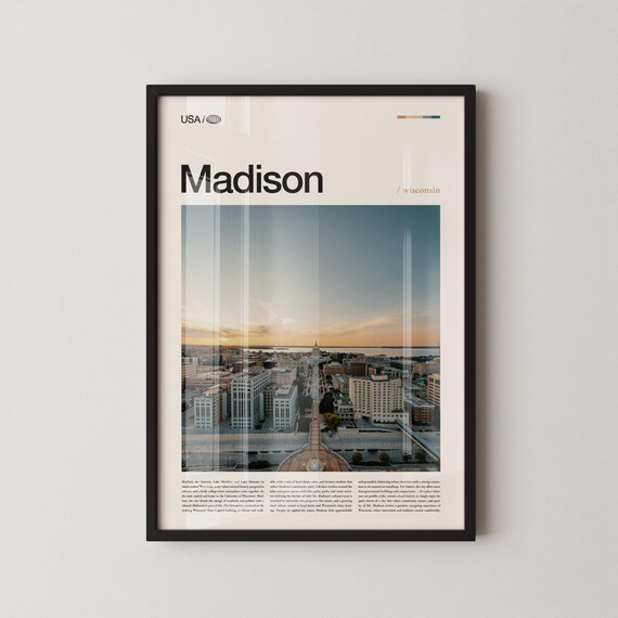 Madison Wisconsin Sunset Skyline Poster Bold Title Travel City View