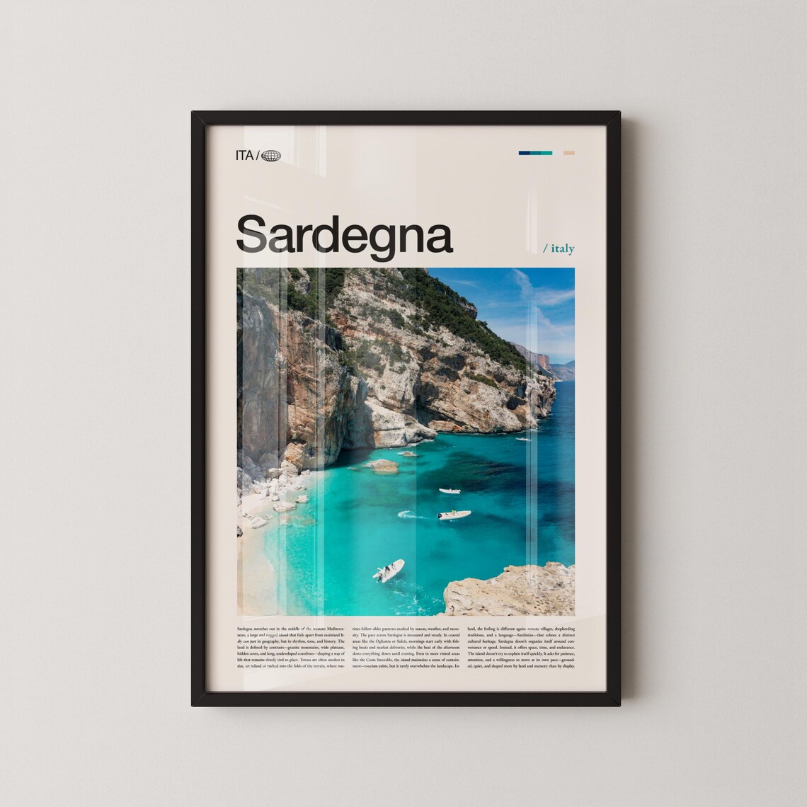 Sardegna Turquoise Cove Small Boats Rocky Editorial Travel Poster