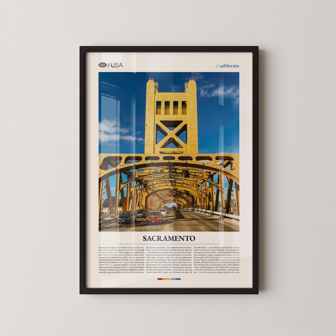 Sacramento California Minimalist Photo Poster Golden Tower Bridge Cars