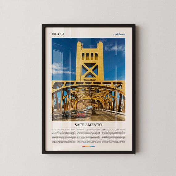 Sacramento California Minimalist Photo Poster Golden Tower Bridge Cars