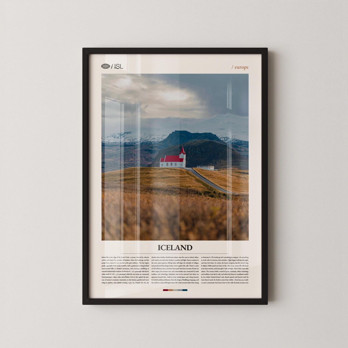 Iceland Red Roof Church Mountain Valley Nordic Landscape Travel Poster