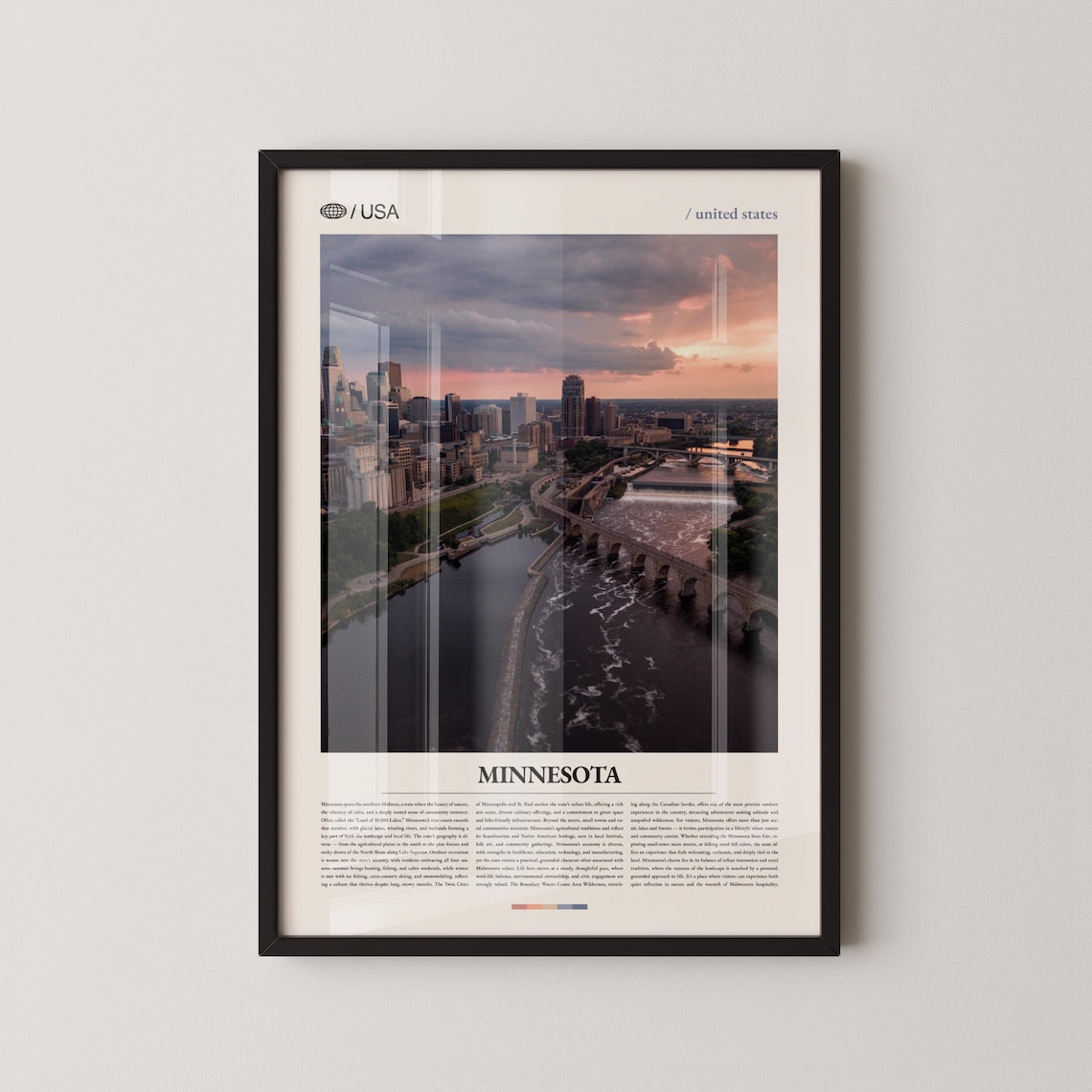 Minnesota City Skyline Sunset River Bridge Photography Travel Poster