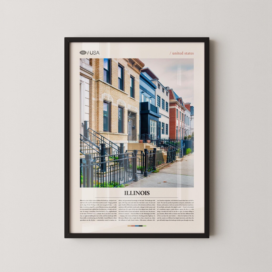 Illinois USA Brick Row Houses Stoop Street Scene Travel Poster