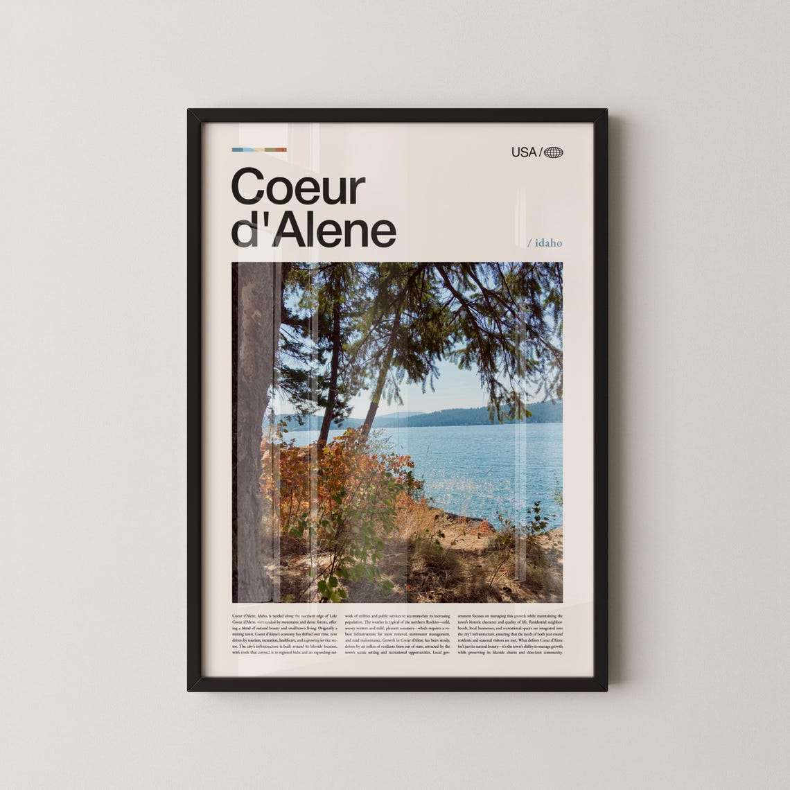 Coeur d'Alene Idaho Blue Lake Pines Minimal Typography Photo Poster