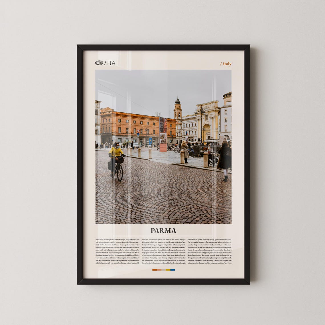 Parma Historic Plaza Cobblestone Cyclist Italy Travel Poster
