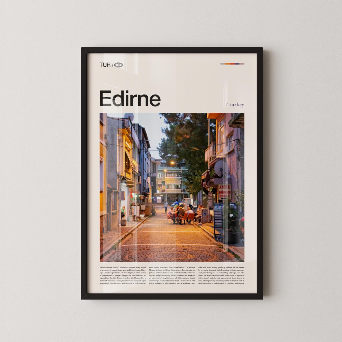 Edirne Turkey Cobblestone Street Evening Cafe Scene Editorial Travel Poster