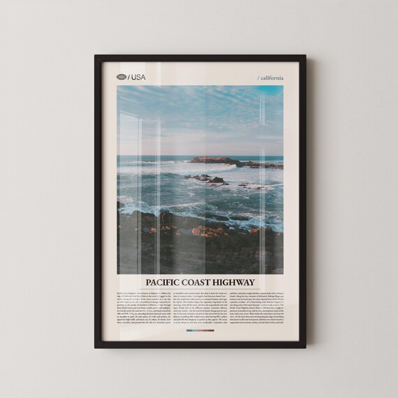 Pacific Coast Highway Rocky Shoreline Daytime Ocean Travel Poster