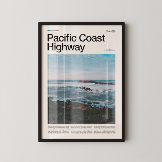 Pacific Coast Highway Bold Title Rocky Shore Ocean Travel Poster