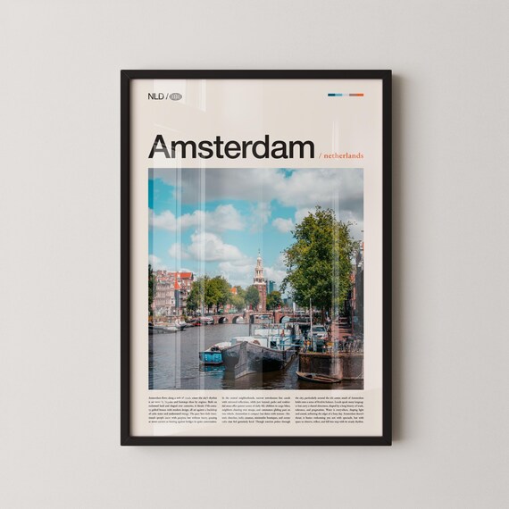 Amsterdam Canal Boats Photography Netherlands Travel Decor Poster