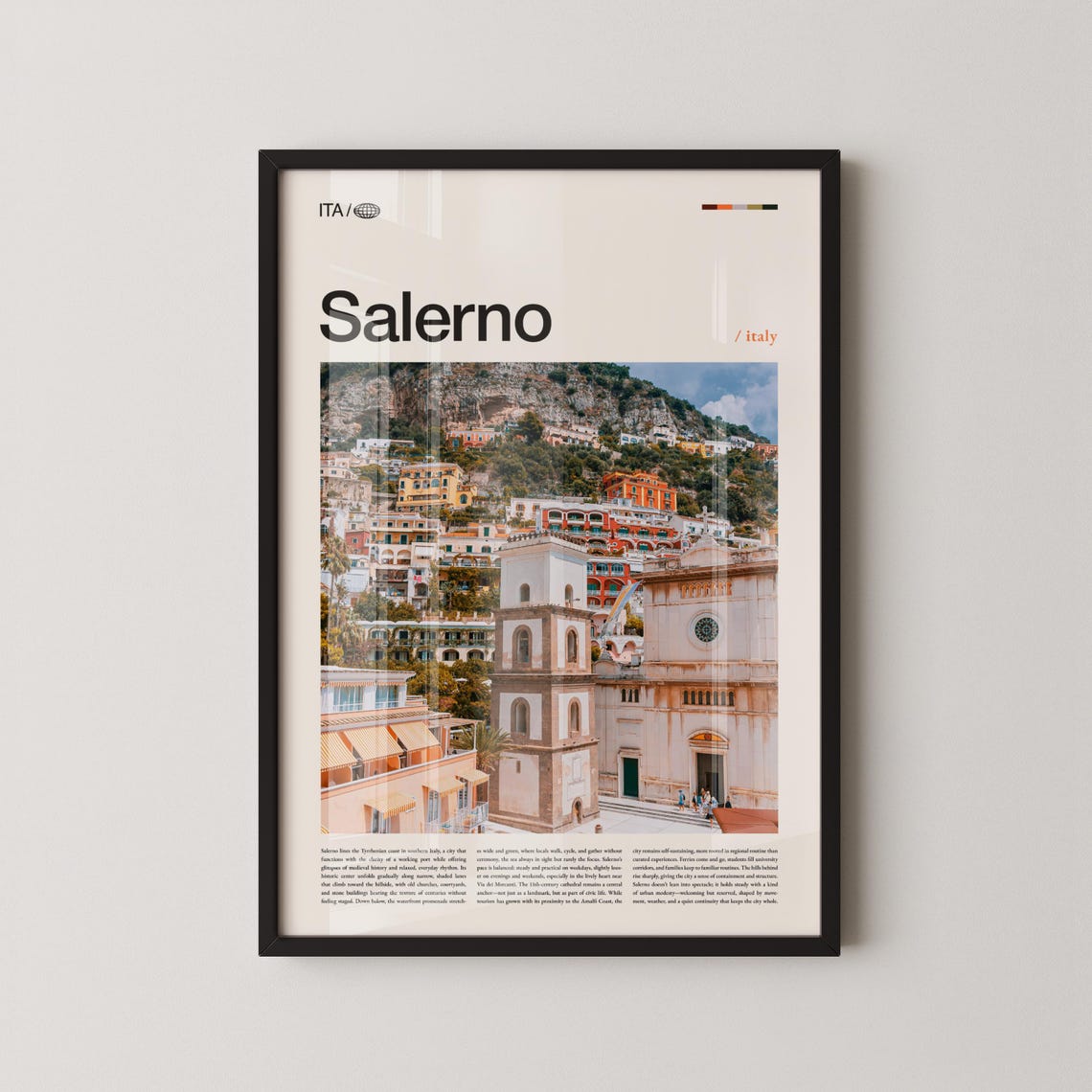 Salerno Italy Travel Poster with Cliffside Town Photography View