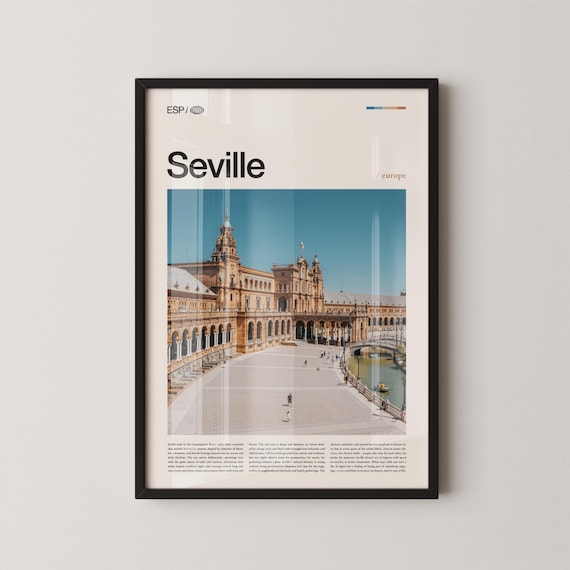 Seville Spain Travel Poster with Plaza de Espana Canal and Bridge View