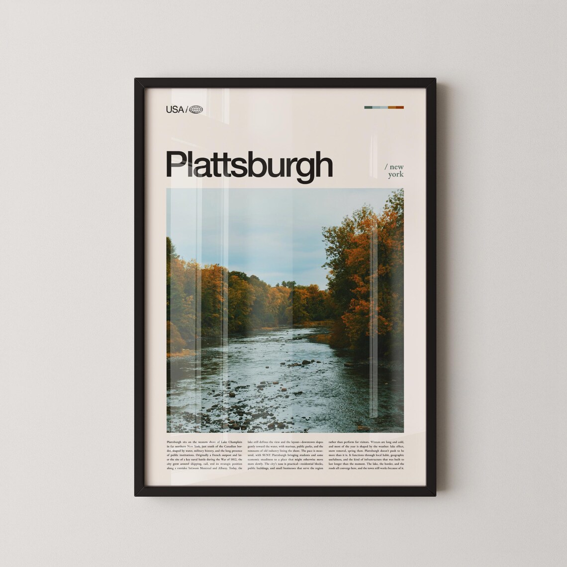 Plattsburgh New York Autumn River Photo Bold Masthead Travel Typography Poster
