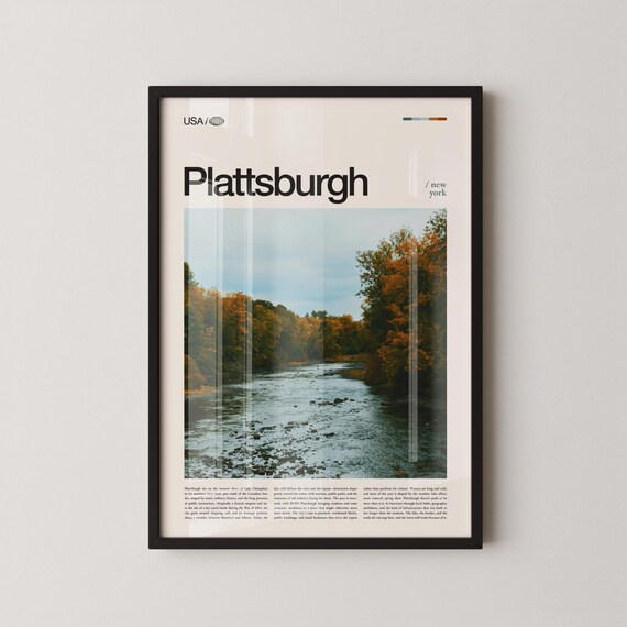 Plattsburgh New York Autumn River Photo Bold Masthead Travel Typography Poster