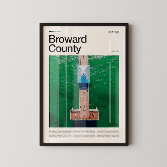 Broward County Florida Aerial Pier Over Ocean Minimalist Travel Poster