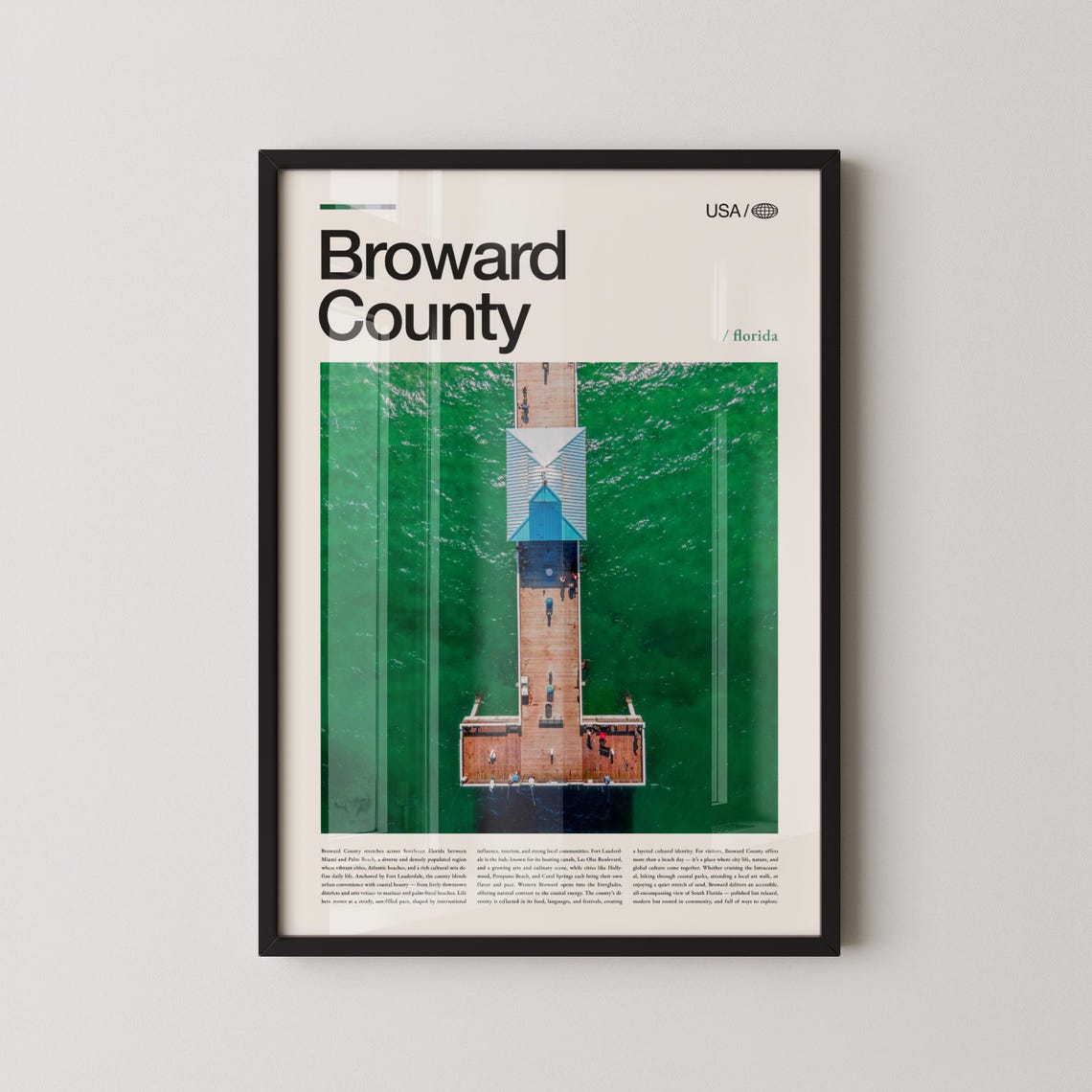 Broward County Florida Aerial Pier Over Ocean Minimalist Travel Poster