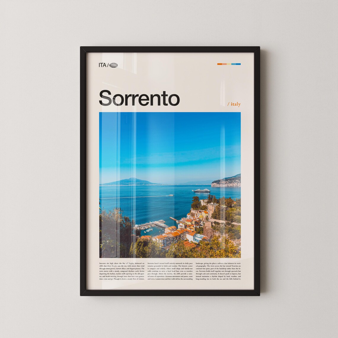 Sorrento Italy Travel Poster of the Bay with Vesuvius on the Horizon