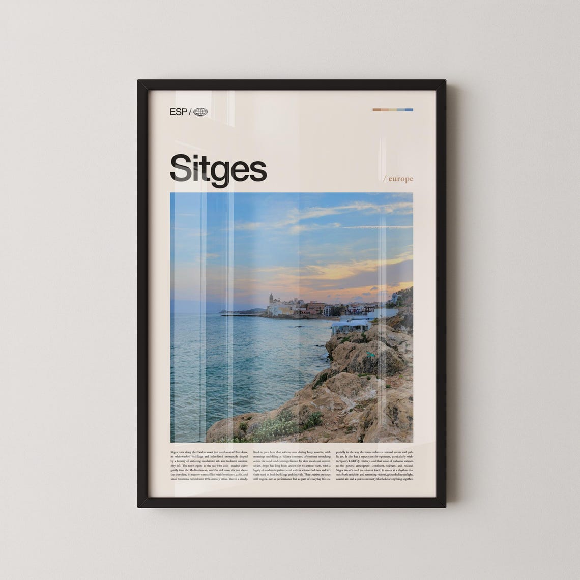 Sitges Spain Travel Poster with Coastal Town and Rocky Shoreline Photo