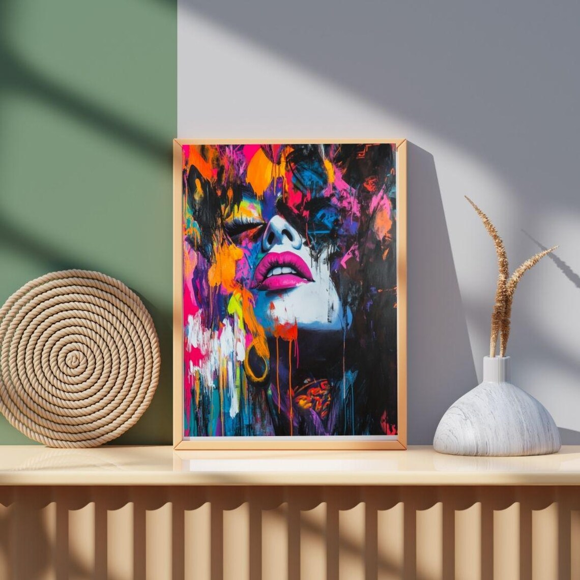 Graffiti Woman Portrait Print Neon Splash Pink Lips Bold Expressionist Art Poster - Image 3