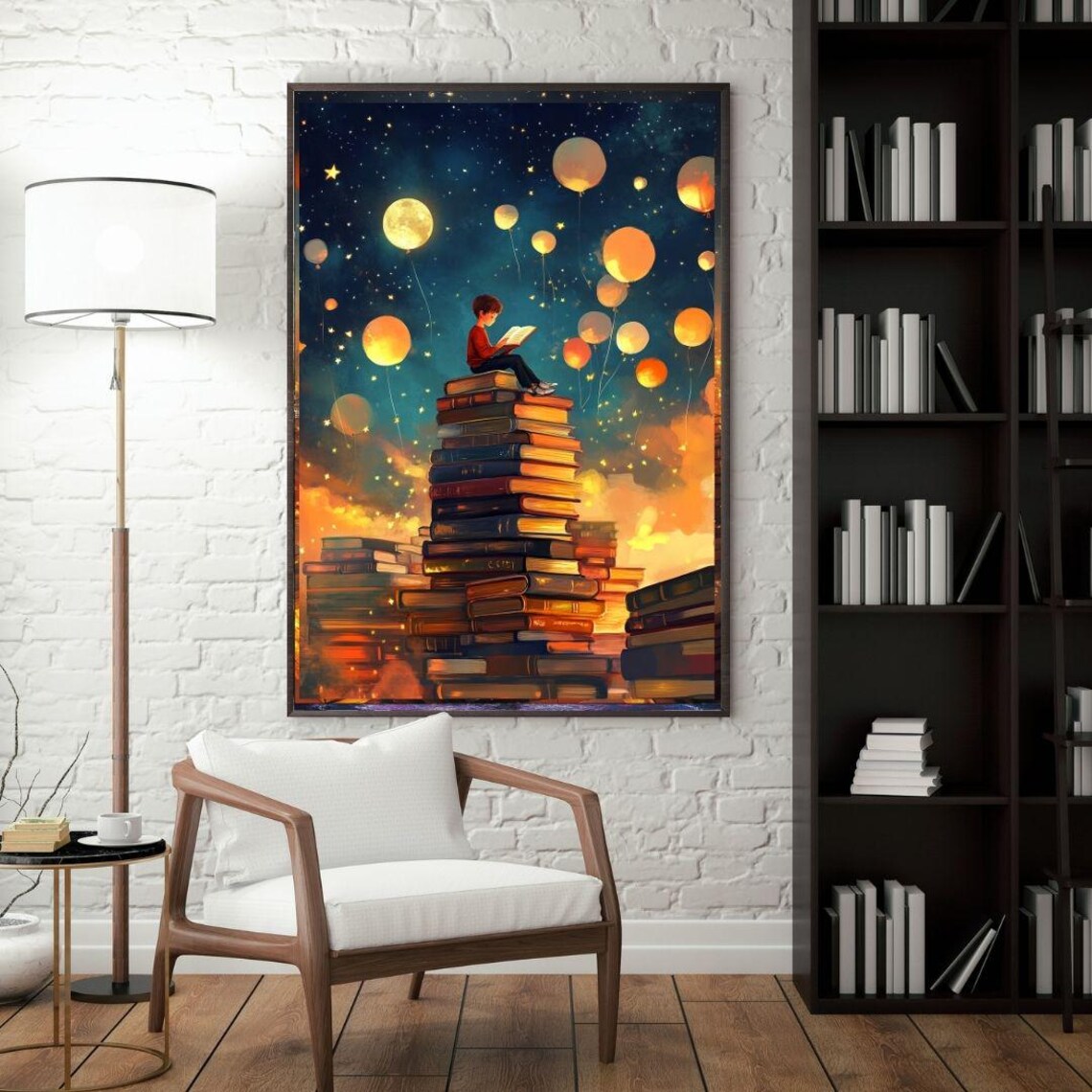 Boy Reading On Book Tower Starry Night Balloon Fantasy Art Poster - Image 2