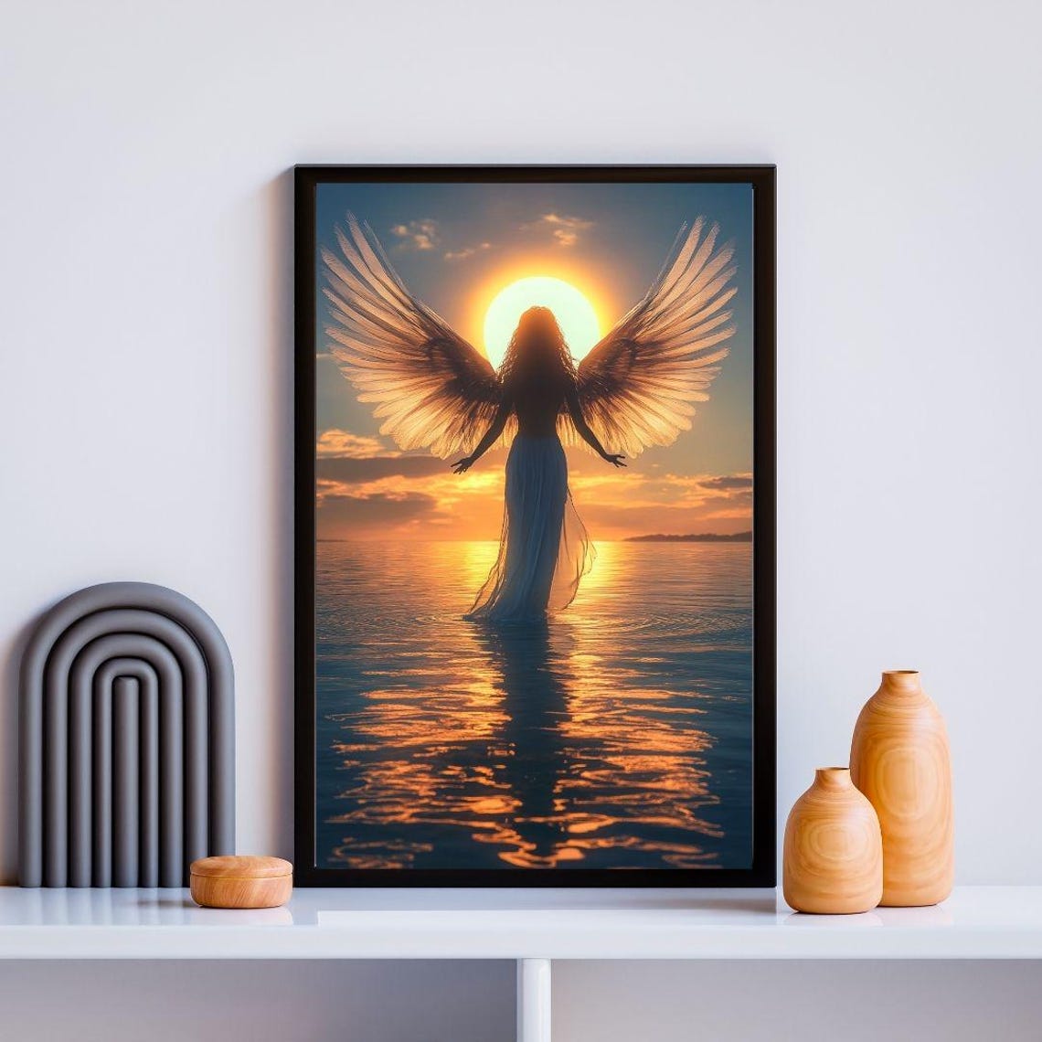 Angel Silhouette With Golden Wings At Sunset Over Water Poster - Image 2