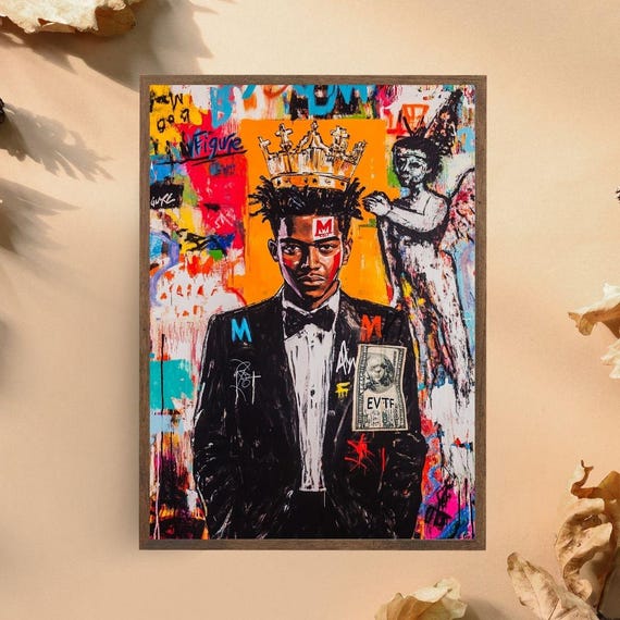 Bold Graffiti Style Crowned Portrait Art Print Urban Street Art Wall Decor Modern Mixed Media Art For Edgy Home Deco