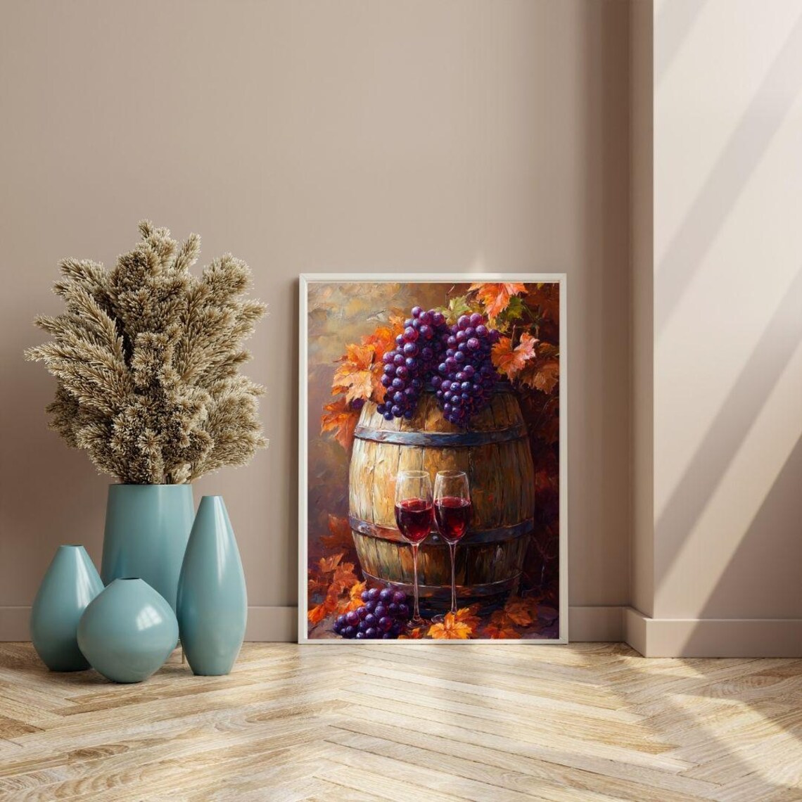 Rustic Wine Barrel Purple Grapes Autumn Harvest Still Life Poster - Image 2
