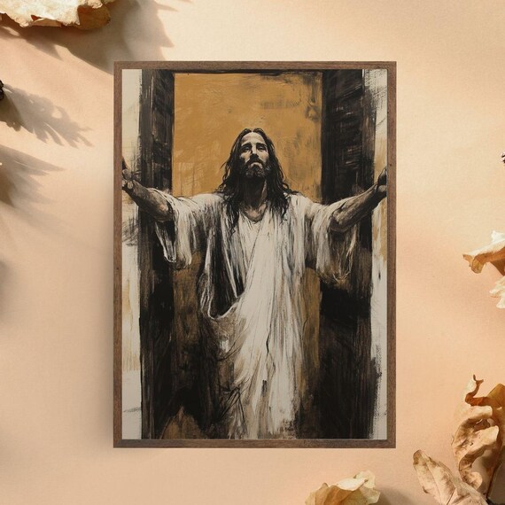 Jesus Christ Resurrection Open Arms Sepia Tone Religious Painting Art Poster