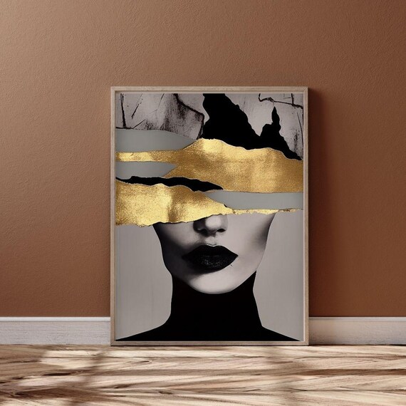 Modern Minimalist Woman Portrait With Gold Foil Bands Luxury Black Gold Poster