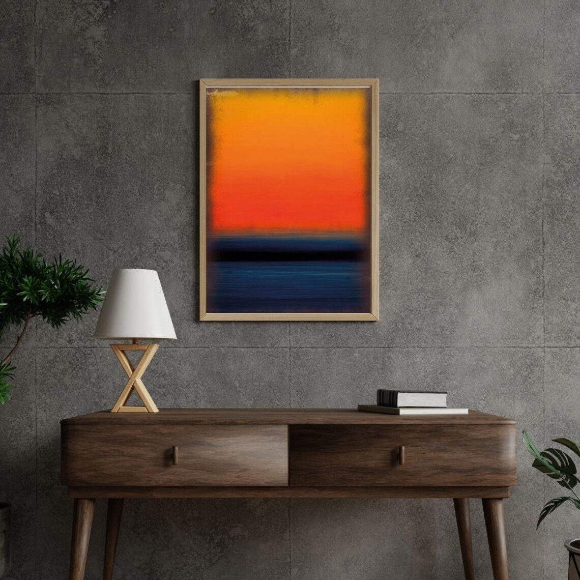 Fiery Orange Sunset Over Dark Blue Water Abstract Horizon Poster - Image 2