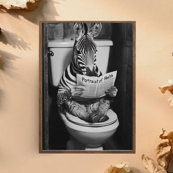 Zebra Reading Newspaper On Toilet Print Black And White Bathroom Humor Poster