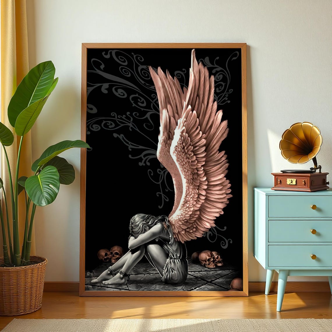Dark Fallen Angel Wings Kneeling Skulls Gothic Fantasy Art Poster - Image 3