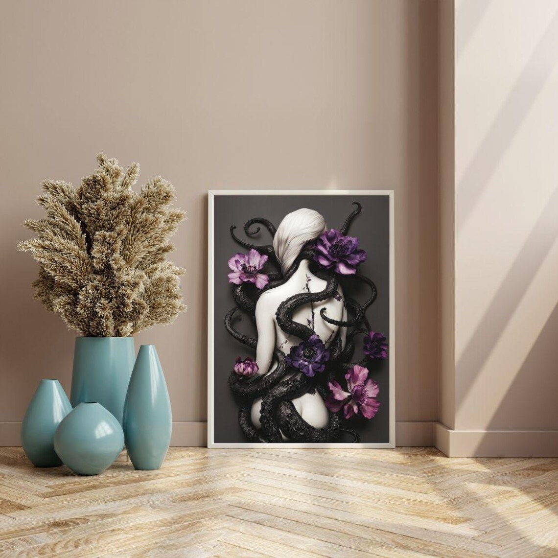 Surreal Dark Fantasy Woman Entwined In Tentacles Purple Floral Poster - Image 2