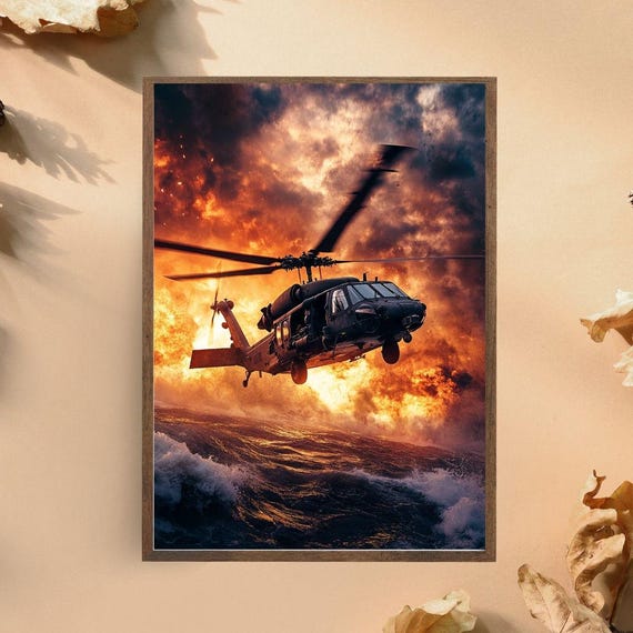 Black Hawk Helicopter In Action Art Print Military Aviation Wall Art Dramatic Helicopter At Sunset Epic Warfare Scene For Modern Decor