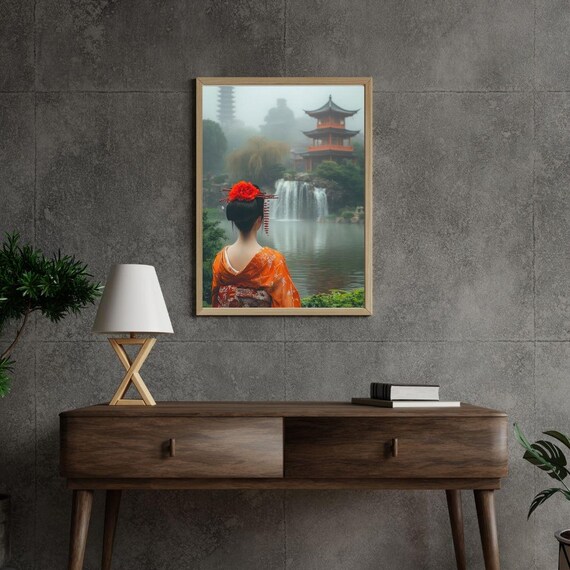 Geisha In Orange Kimono Japanese Pagoda Garden Waterfall Serene Art Poster