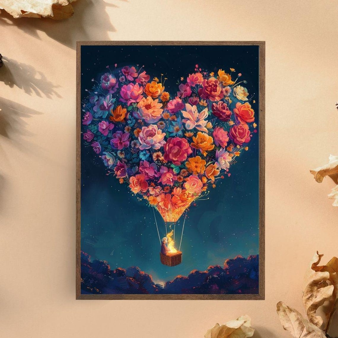 Heart Shaped Floral Hot Air Balloon Romantic Night Sky Art Poster