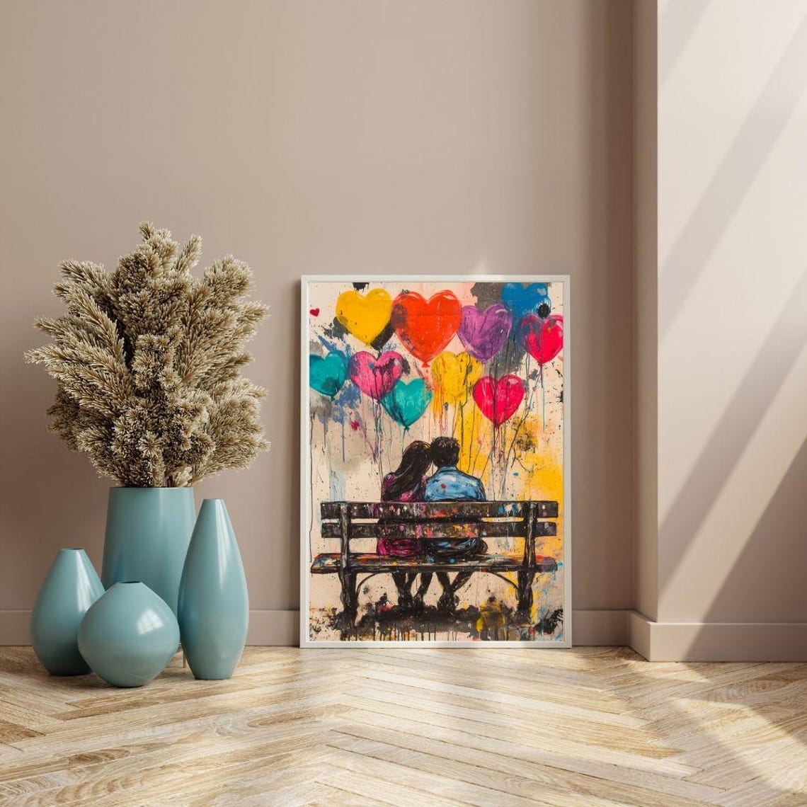 Couple On Bench Heart Balloons Romantic Graffiti Love Art Poster - Image 3