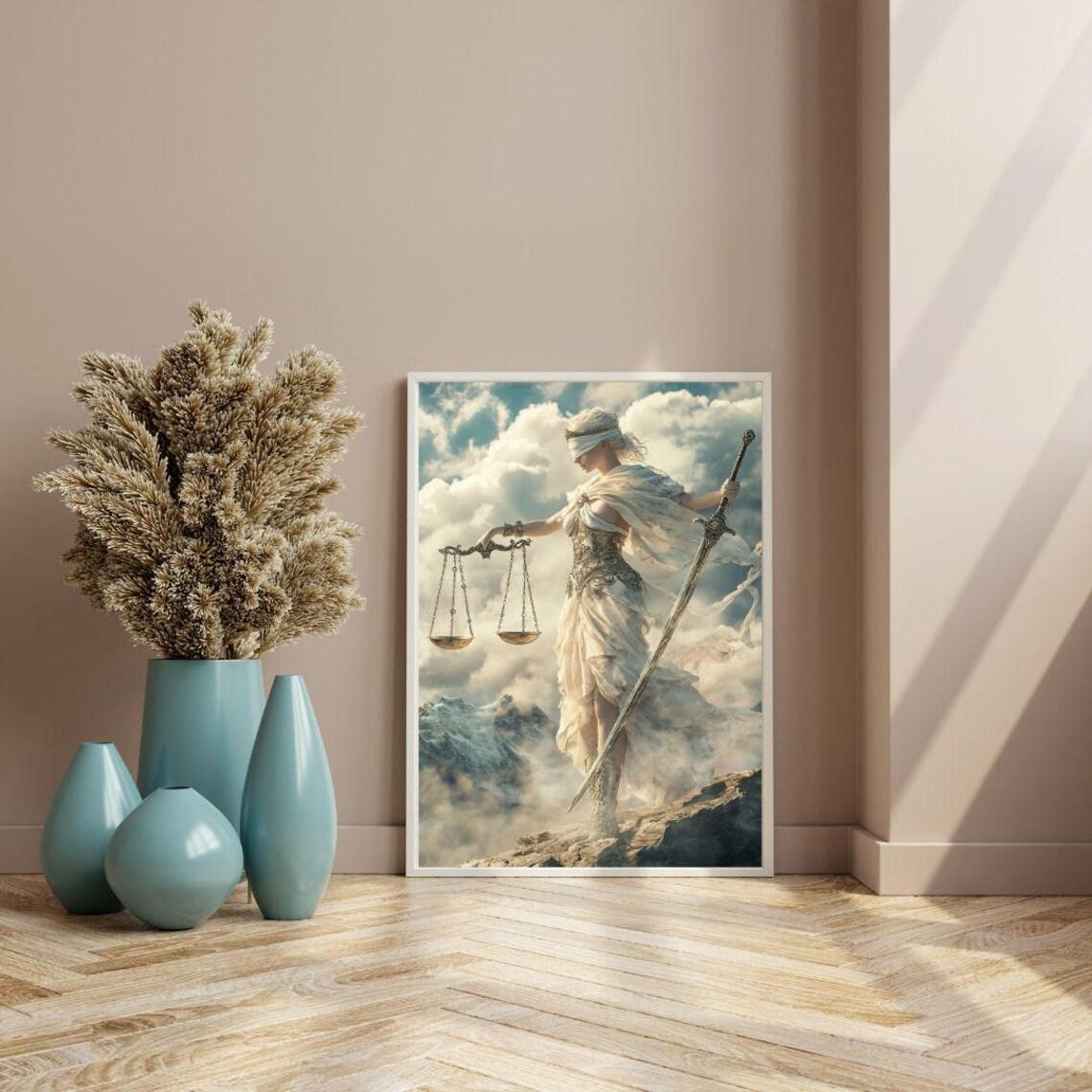 Lady Justice Majestic Goddess With Scales Sword On Mountain Peak Art Poster - Image 2