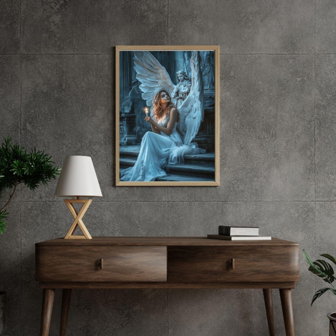 Angelic Woman With White Wings Holding Candle Ethereal Night Poster - Image 3