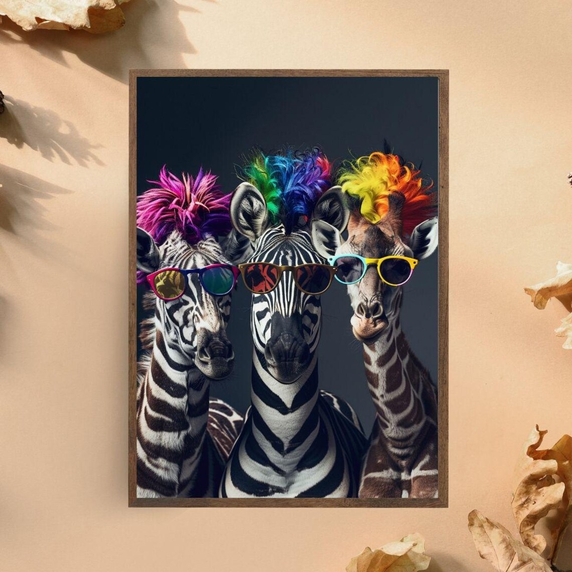 Funky Zebra And Giraffe Wearing Sunglasses Colorful Safari Art Poster