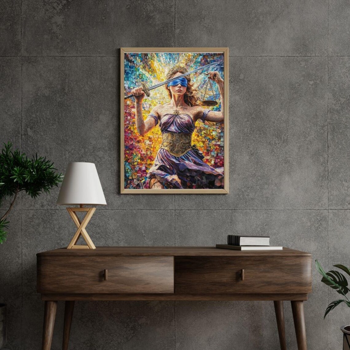 Colorful Mosaic Lady Justice With Sword Scales Mythology Goddess Wall Poster - Image 2