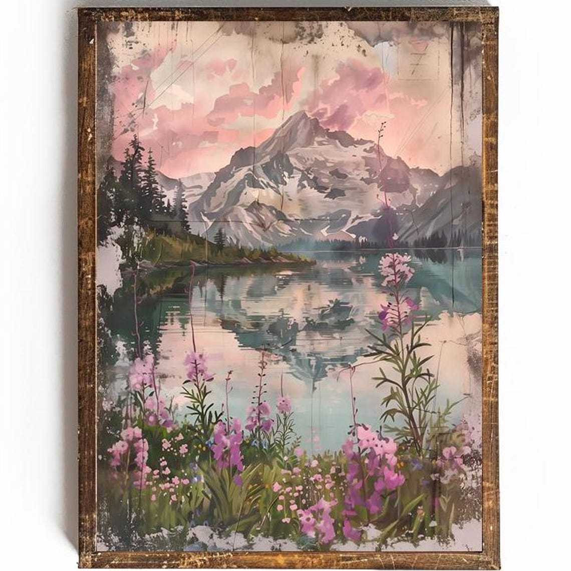 Snowy Mountain Lake Reflection With Pink Wildflowers Art Poster