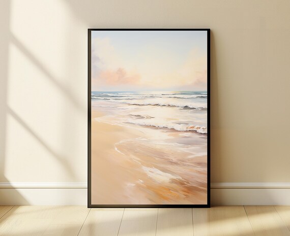 Soft Pastel Sandy Beach Waves Serene Seascape Painting Poster