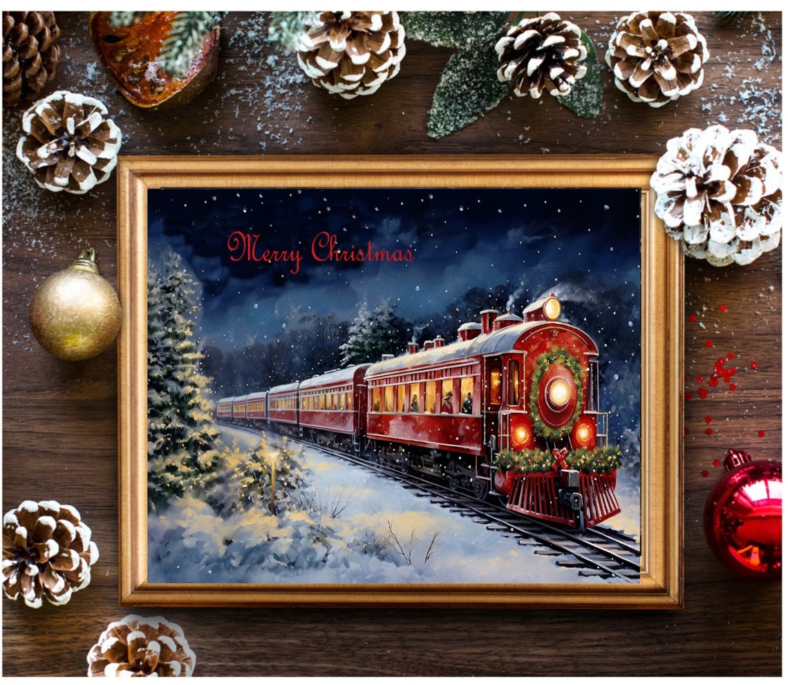 Merry Christmas Red Steam Train Snowy Winter Night Vintage Poster