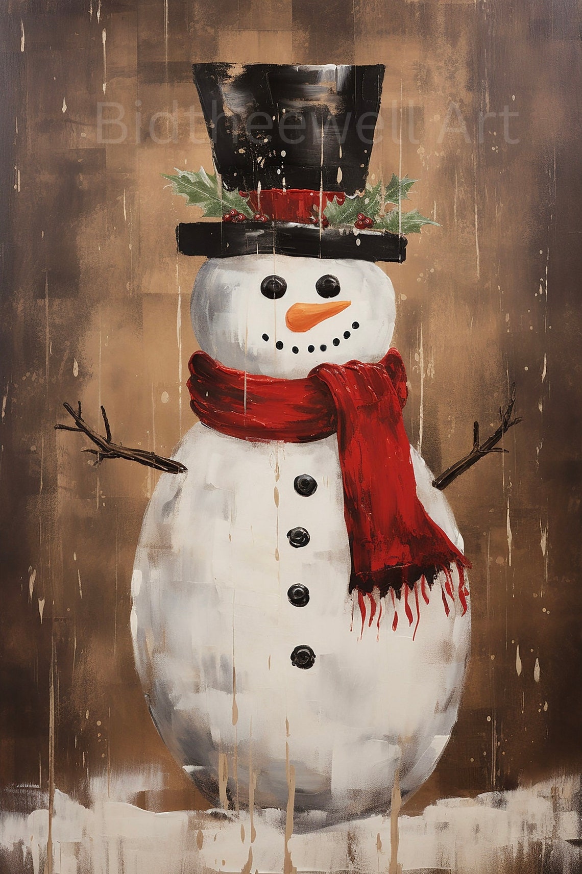 Cheerful Snowman Top Hat Red Scarf Rustic Winter Night Poster - Image 2