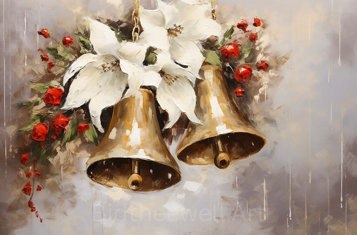 Elegant Golden Christmas Bells White Poinsettia Berries Poster - Image 2